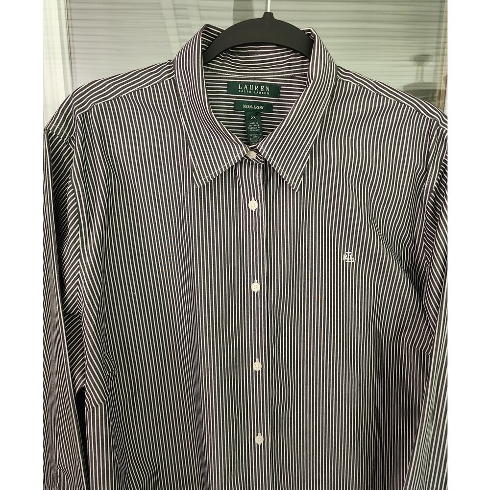 Lauren Ralph Lauren Ladies XXL Non-Iron Shirt Black White 3/4 Length Sleeve